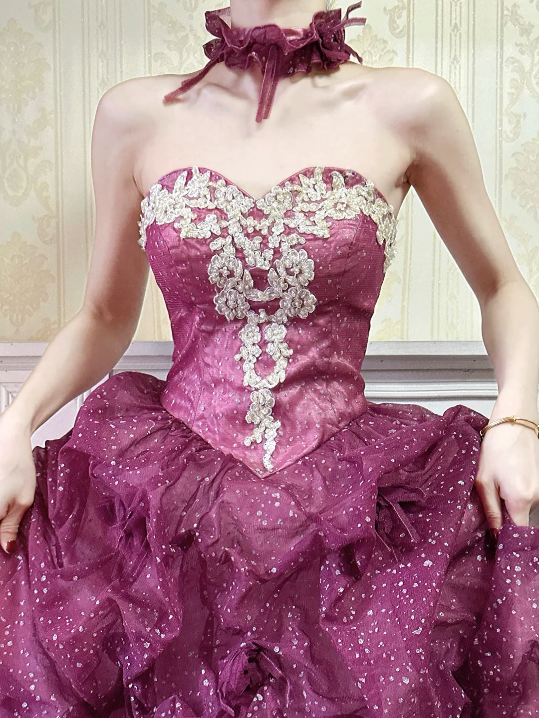 Vintage Rose Madder Ball Gown Strapless Appliques Sequin Tulle Prom Dress Graduation Prom Dress SH5273