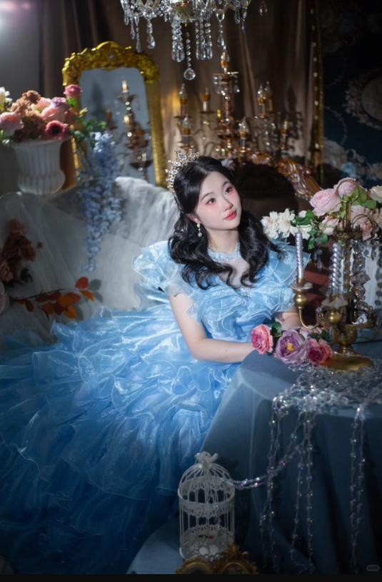Blue Ball Gown Round Neck Layered Organza Prom Dress 16th Birthday Dress SH4089
