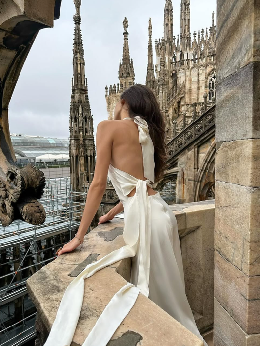 White A Line Halter Satin Open Back Long Wedding Guest Dress Party Dress with Slit SH3312