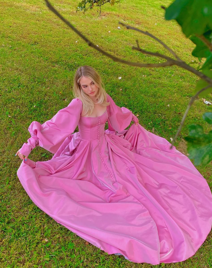 Pink A Line Long Sleeve Satin Long Prom Dress Evening Dress with Slit SH3729