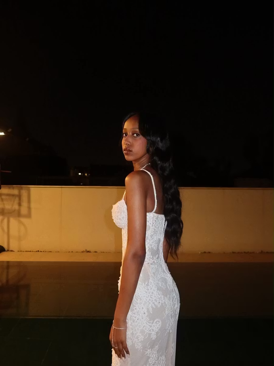 White Sheath Spaghetti Strap Lace Long Prom Dress Evening Dress SH8568
