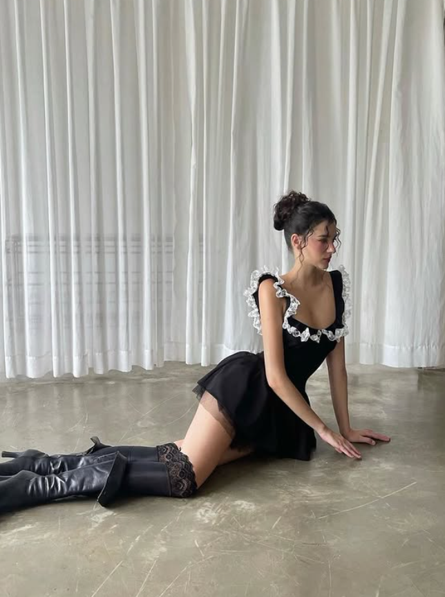 Cute A Line Strap White Lace Black Satin Short Homecoming Dress Outfits SH5479
