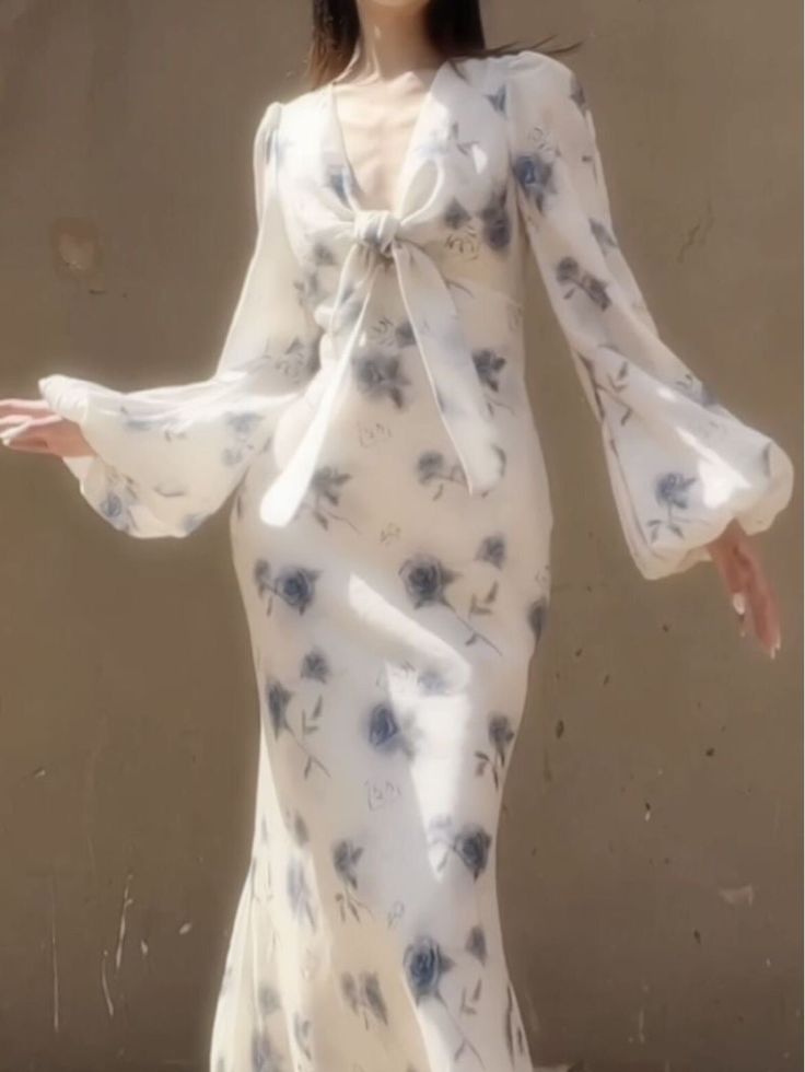 Elegant Mermaid Long Sleeve Blue Floral Chiffon Prom Dress Party Dress Outfits SH4075