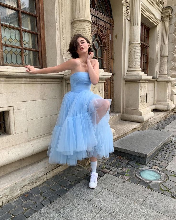 Baby Blue A Line Strapless Tulle Prom Dress Wedding Guest Dress Birthday Dress SH4441
