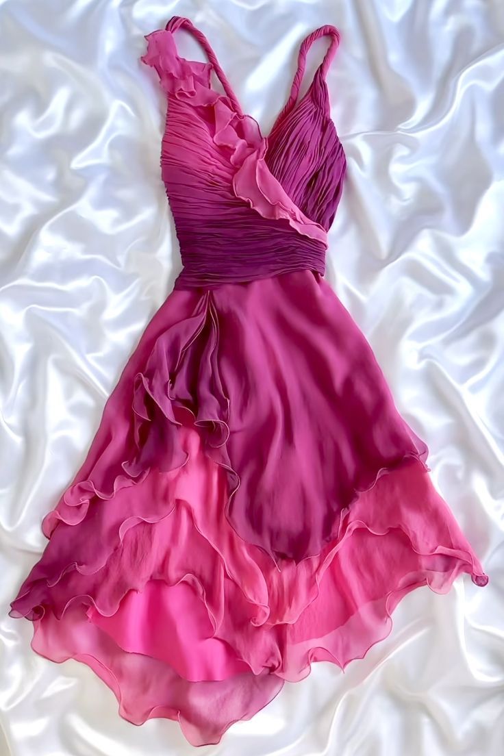 Pink Ombre A Line Straps Layered Ruffle Chiffon Homecoming Dress Outfits SH3739