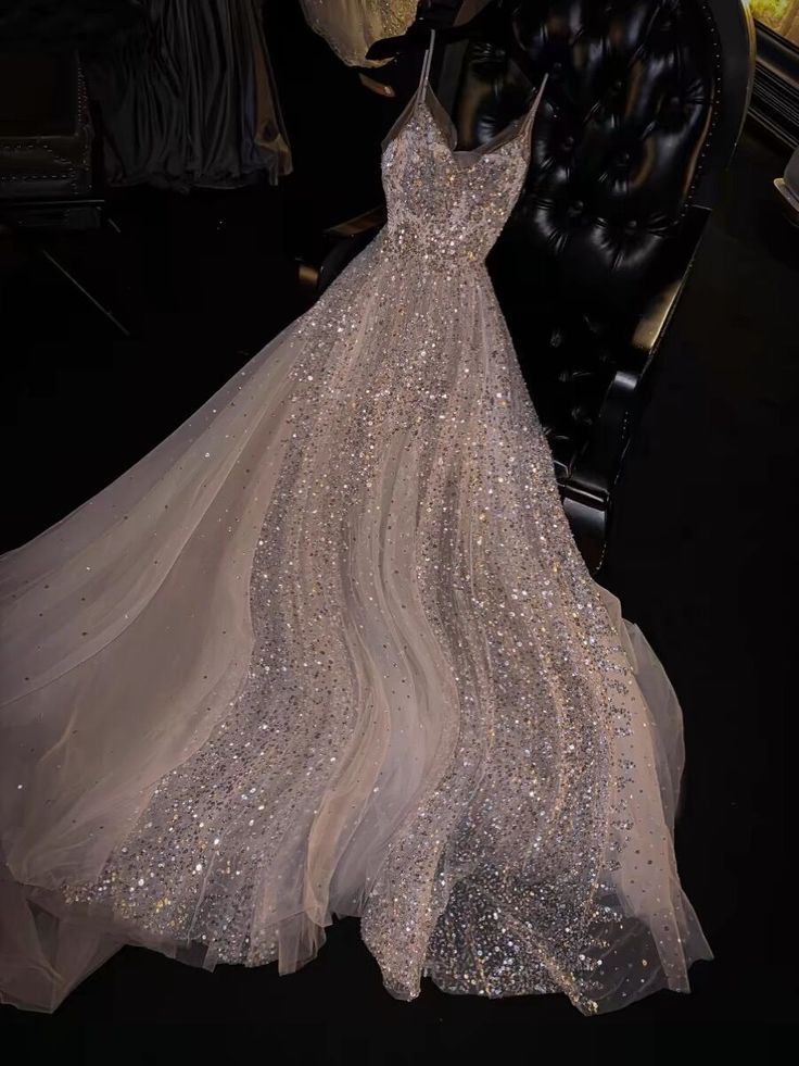 Dreamy A Line Spaghetti Strap Silver Sequin White Tulle Prom Dress Party Dress SH3395