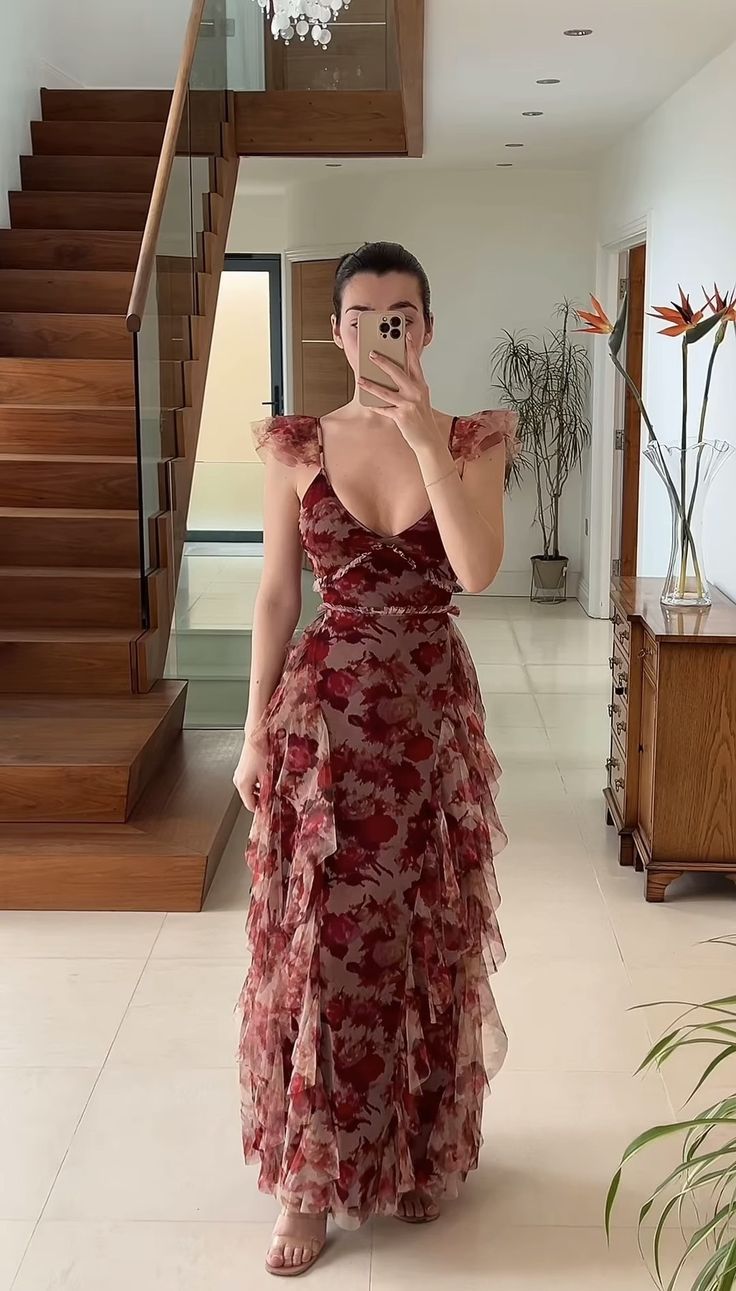 Vintage A Line Print Floral Irregular Ruffles Tulle Long Prom Dress Evening Party Dress SH4072