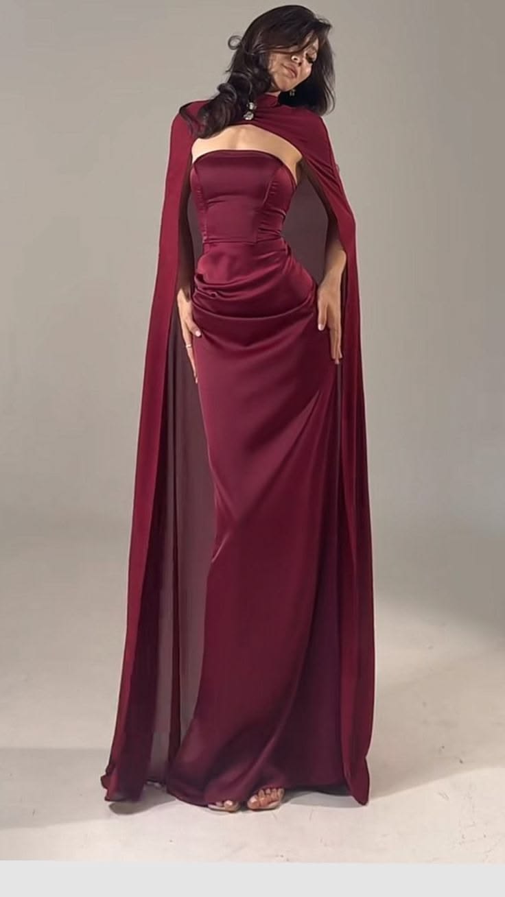 Charming Sheath Strapless Burgundy Satin Chiffon Long Prom Dress SH6958