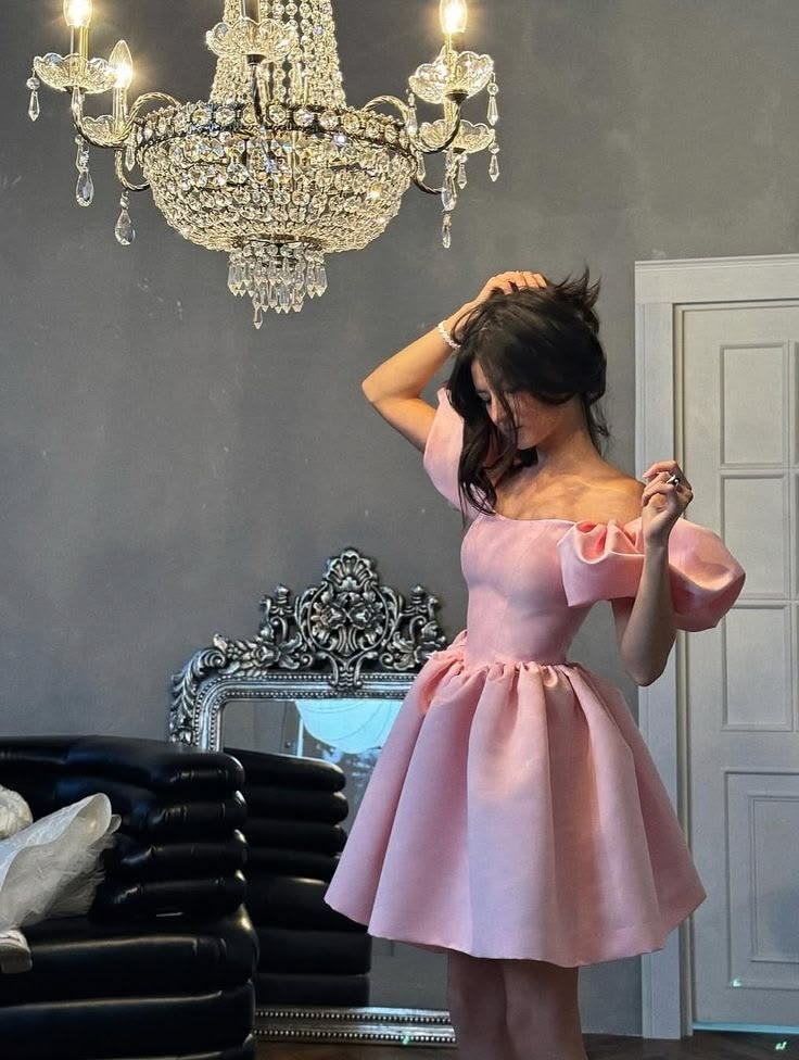 Pink A Line Off the Shoulder Satin Short Prom Dress Homecoming Dress SH8664