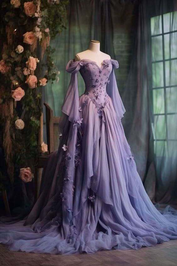 Elegant A Line Long Sleeve 3D Flower Purple Chiffon Long Prom Dress Evening Dress SH2434