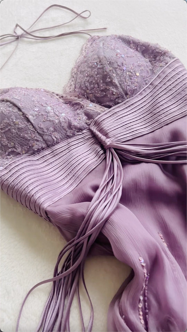 Lilac A Line Spaghetti Strap Beaded Sequin Chiffon Prom Dress Evening Dress SH2293