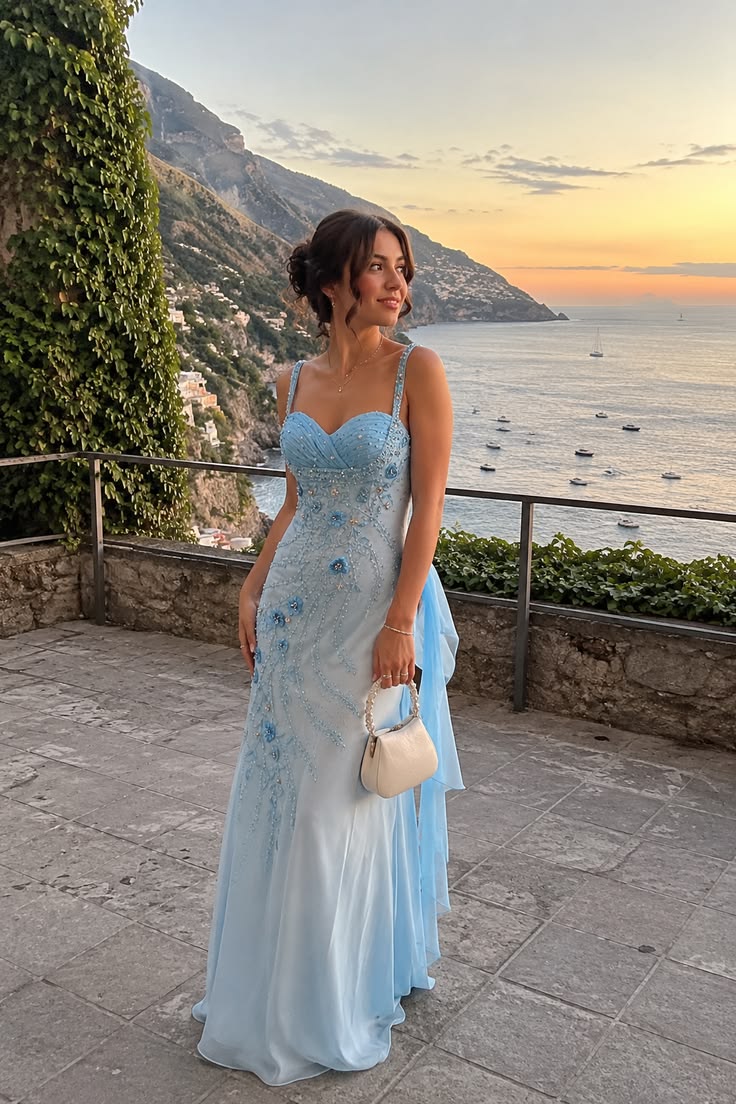 Blue Ombre Mermaid Spaghetti Straps Beaded Chiffon Prom Dress Evening Dress SH6324