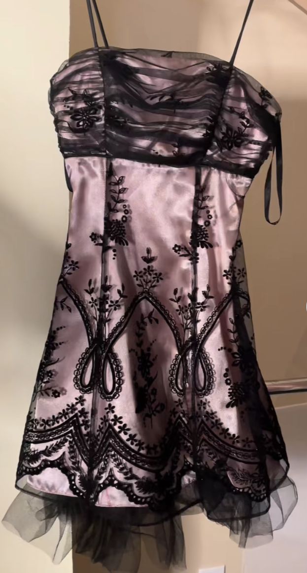 A Line Spaghetti Strap Black Applique Tulle Pink Satin Homecoming Dress Cocktail Dress SH3715