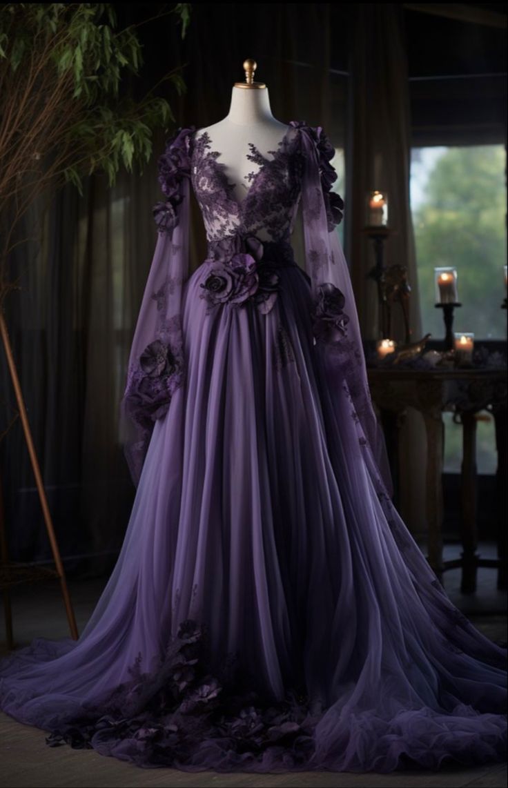 Gorgeous A Line Long Sleeve Purple 3D Flower Lace Tulle Prom Dress Evening Dress SH2425