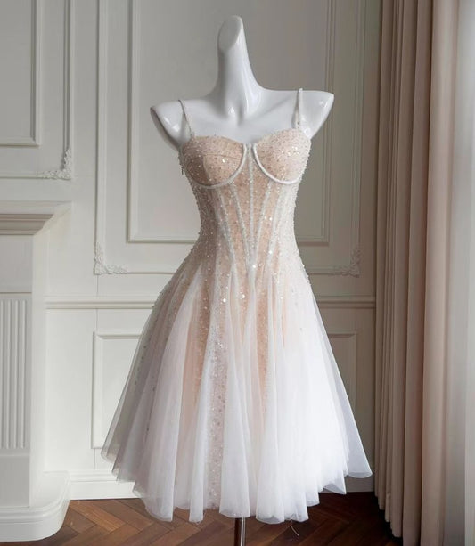 Sequin A Line Spaghetti Strap Corset Skin Color White Tulle Homecoming Dress SH3408