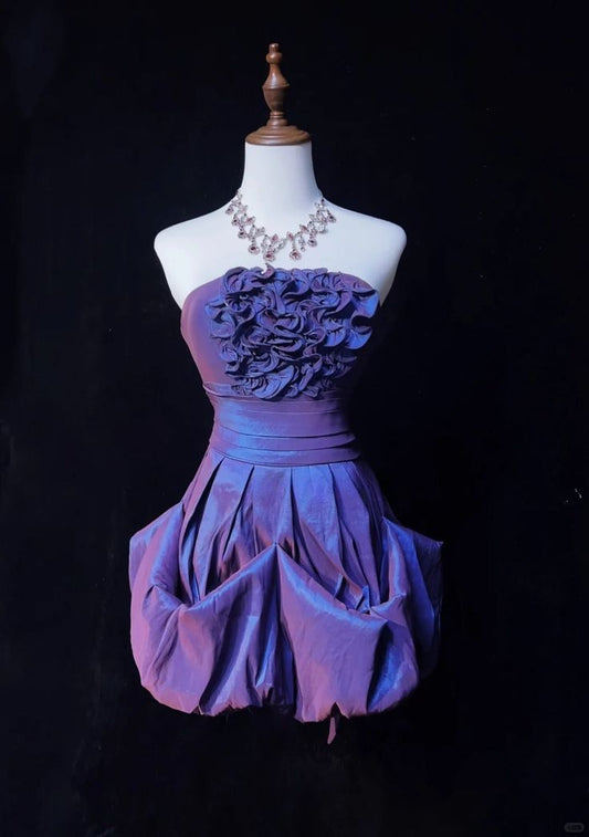Vintage A Line Strapless Flower Purple Satin Mini Homecoming Dress Cocktail Dress SH3313