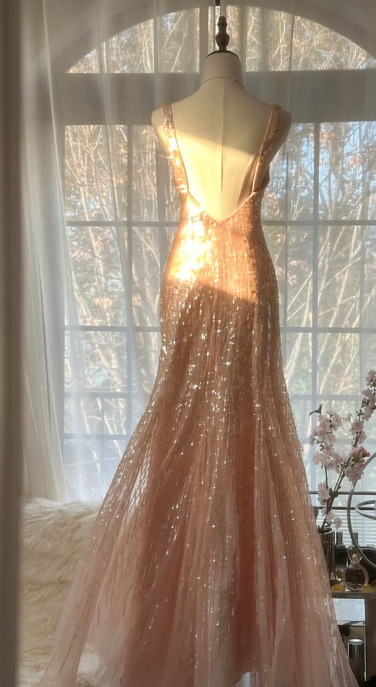 Champagne Shiny A Line V Neck Beaded Sequin Prom Dress Evening Dress SH2538