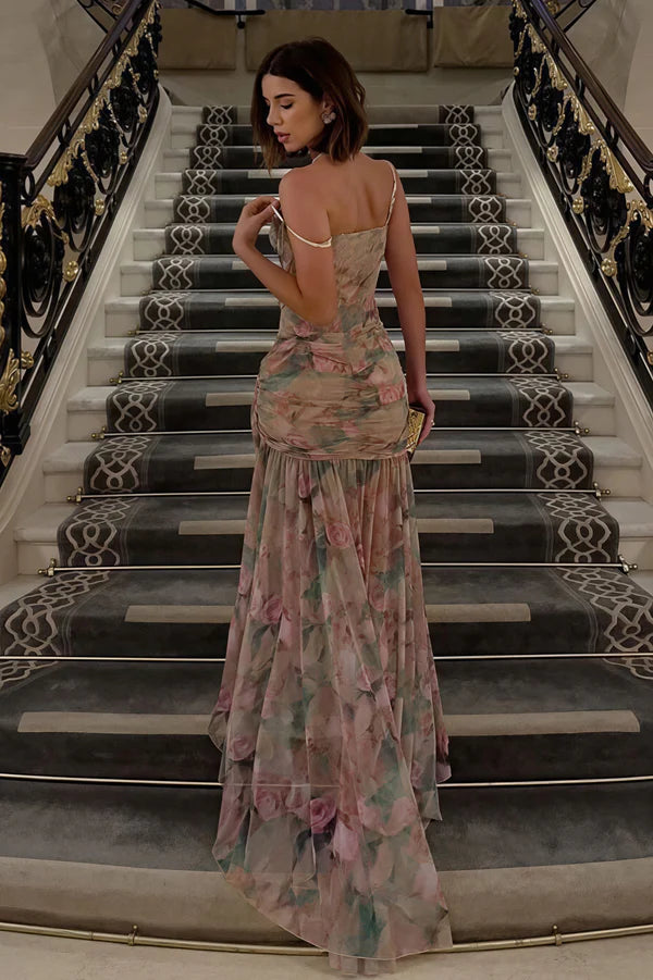 Sexy Print Floral Mermaid Straps Chiffon Prom Dress Evening Dress with Slit SH5766