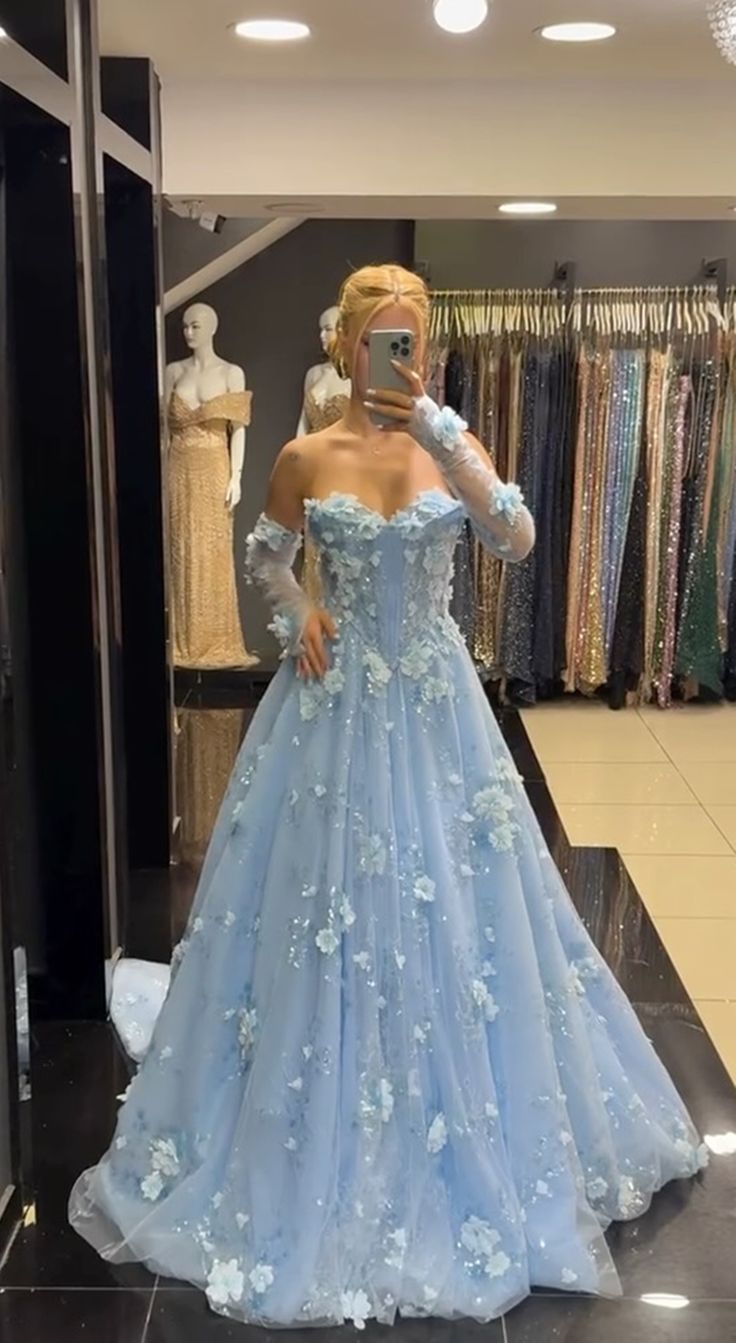 Charming Blue A Line Sweetheart Neck Exquisite Floral Tulle Long Prom Dress Evening Dress SH8336