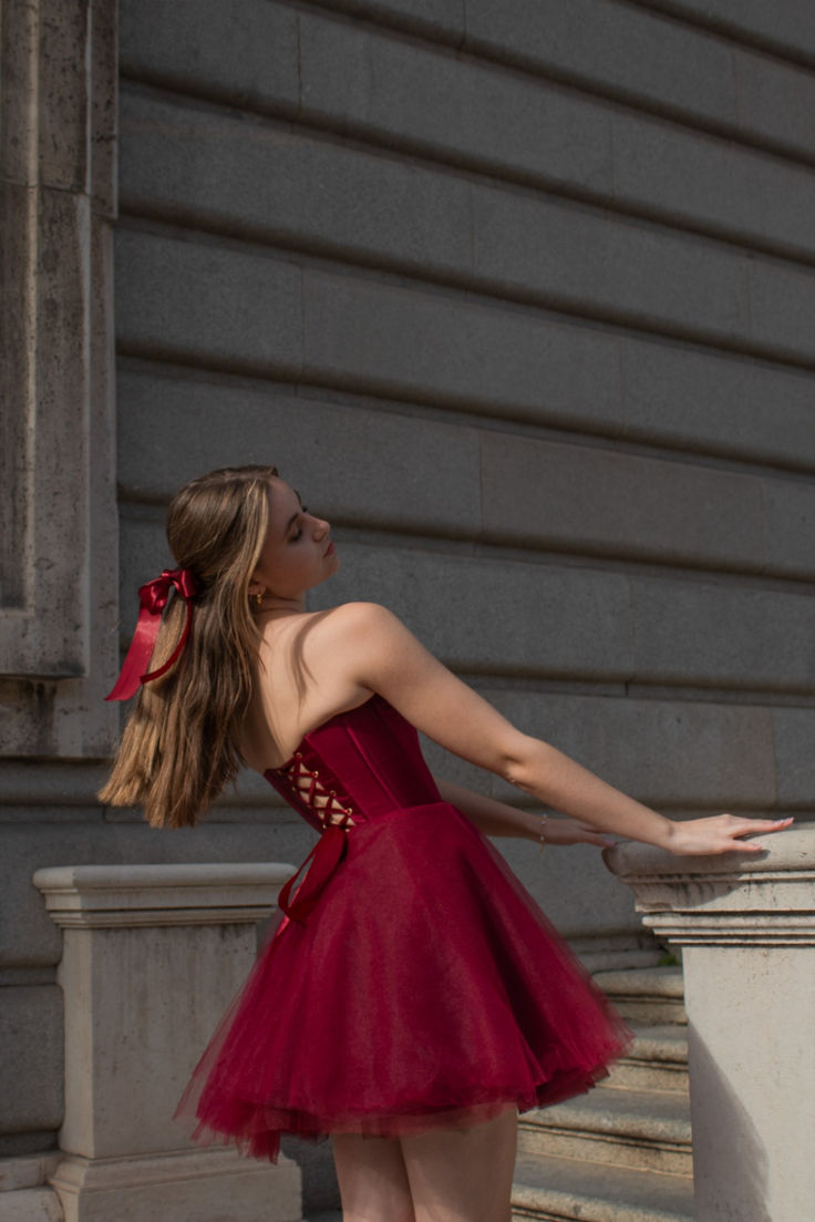Burgundy A Line Strapless Satin Tulle Mini Homecoming Dress Cocktail Dress SH3724