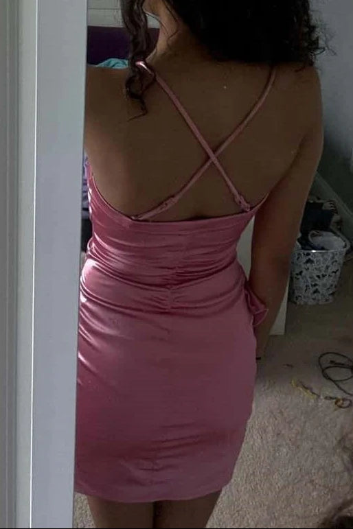 Pink Sheath Spaghetti Strap Ruffle Satin Short Prom Dress Homecoming Dress SH8625