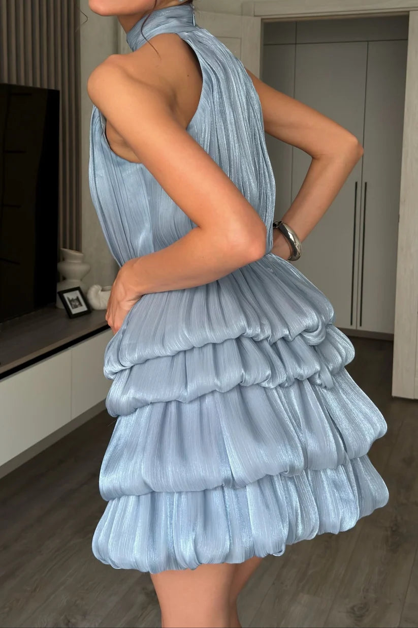 Unique Grey A Line Halter Layered Satin Short Prom Dress Homecoming Dress SH8610