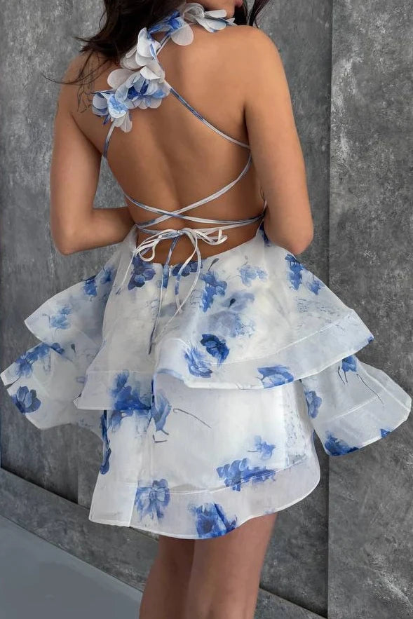 Romantic A Line V Neck Blue Print Tulle Short Prom Dress Homecoming Dress SH8628