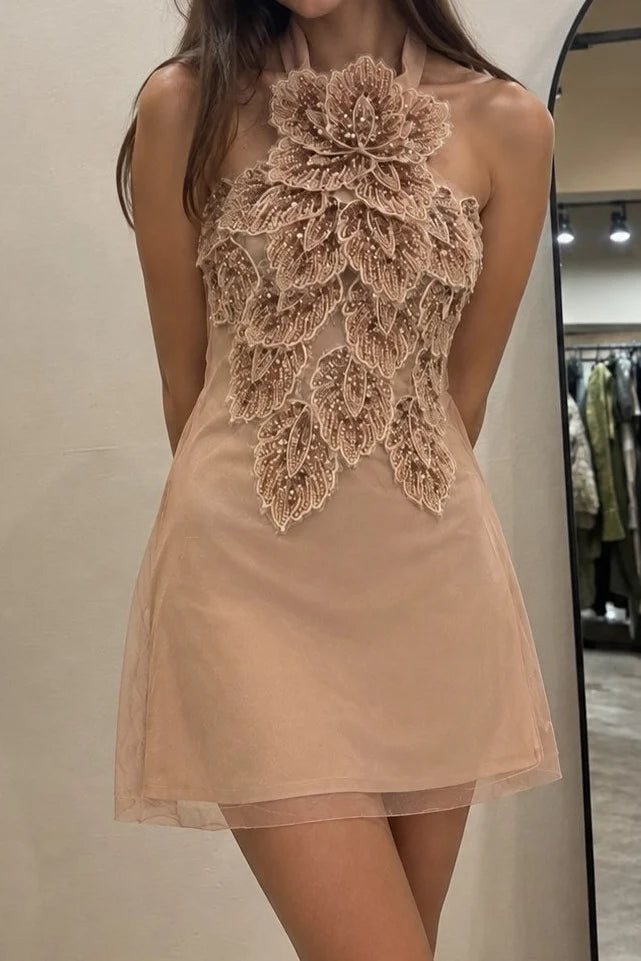 Mocha A Line Halter Exquisite Appliques Satin Short Prom Dress Homecoming Dress SH8592