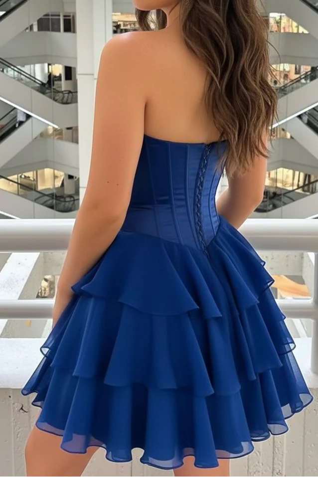 Dark Blue A Line Strapless Beaded Layered Chiffon Short Prom Dress Homecoming Dress SH8621