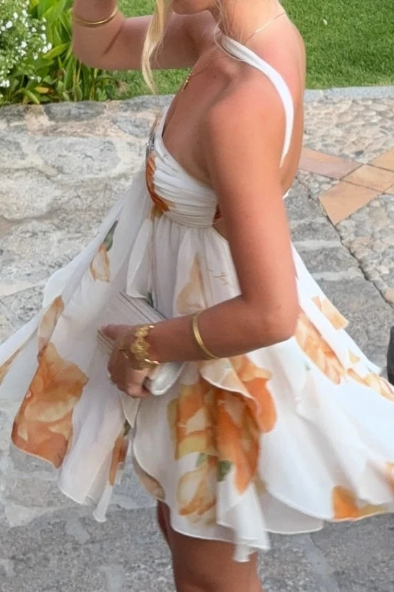 Ethereal A Line Off the Shoulder Print Ruffle Chiffon Short Prom Dress Homecoming Dress SH8617