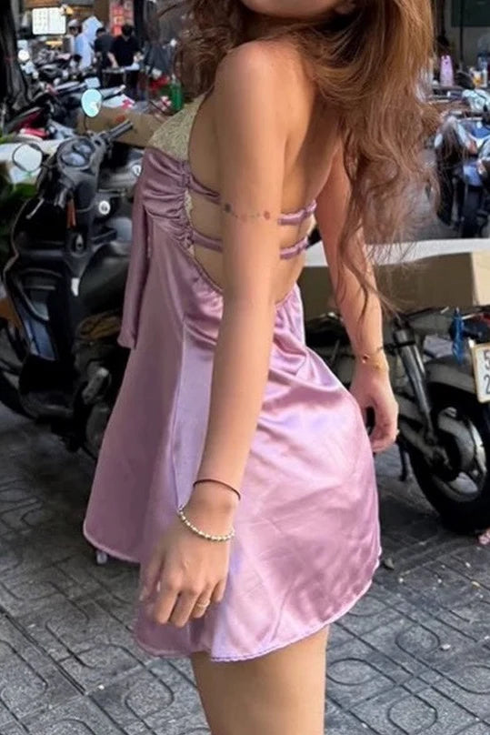 Purple A Line Spaghetti Strap Lace Satin Backless Short Prom Dress Homecoming Dress SH8588