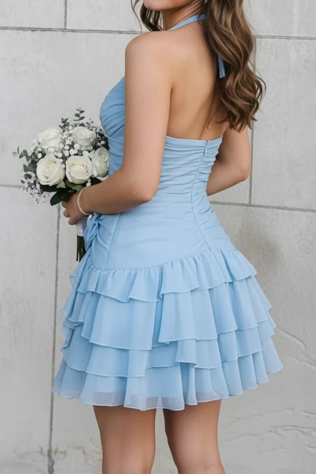 Blue A Line Halter Chiffon Short Prom Dress Homecoming Dress SH8612