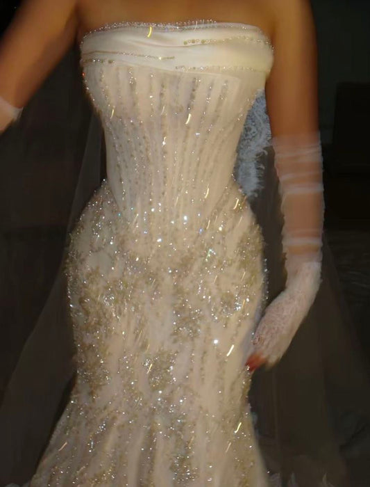 Gorgeous Exquisite Mermaid Strapless White Lace Tulle Long Wedding Dress Date Dress SH3465