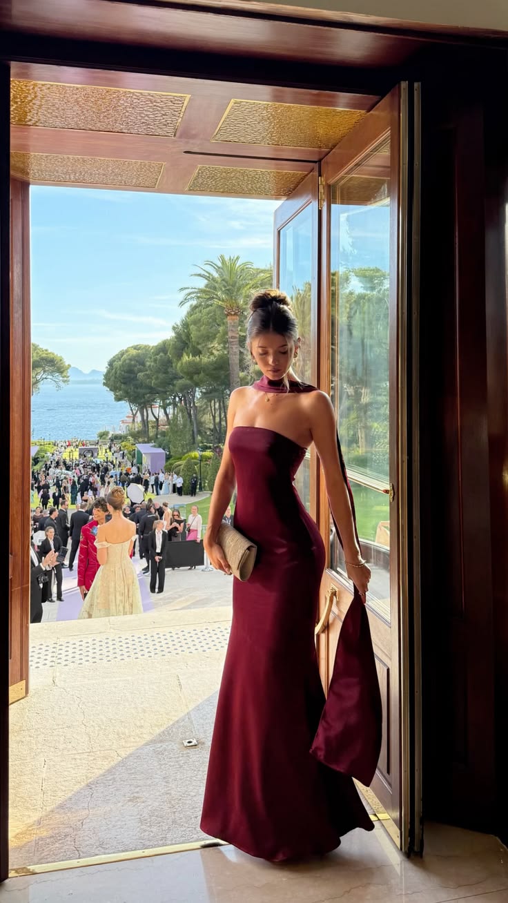 Dark Burgundy Mermaid Strapless Satin Long Prom Dress Evening Dress SH7578