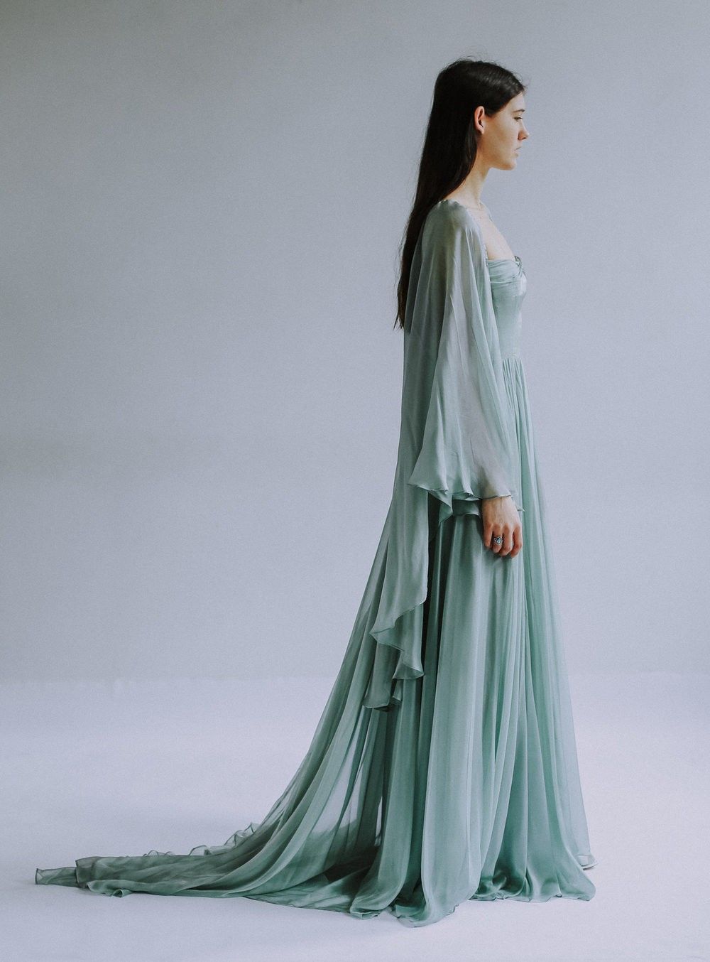 Muted Green A Line Long Sleeve Chiffon Prom Dress Party Dress SH4297