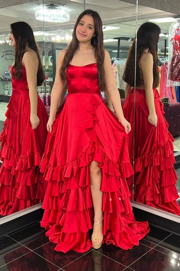 Red A Line Spaghetti Straps Layered Ruffle Satin Prom Dress Evening Dress with Slit SH6368