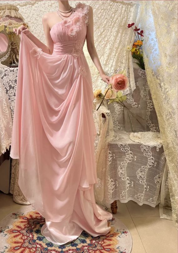 Elegant Pink Off the Shoulder 3D Flower Pleated Chiffon Long Prom Dress SH3932