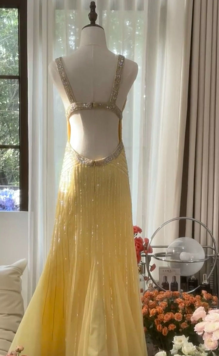 Yellow A Line Strap Beaded Sequin Chiffon Open Back Prom Dress Evening Dress SH2534