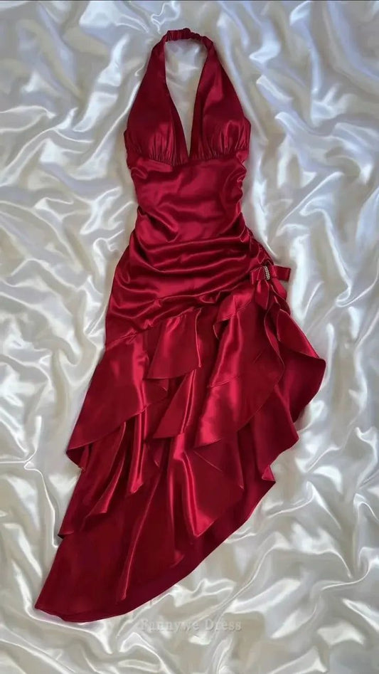 Sexy A Line Halter Red Satin Open Back Homecoming Dress Cocktail Dress SH3363