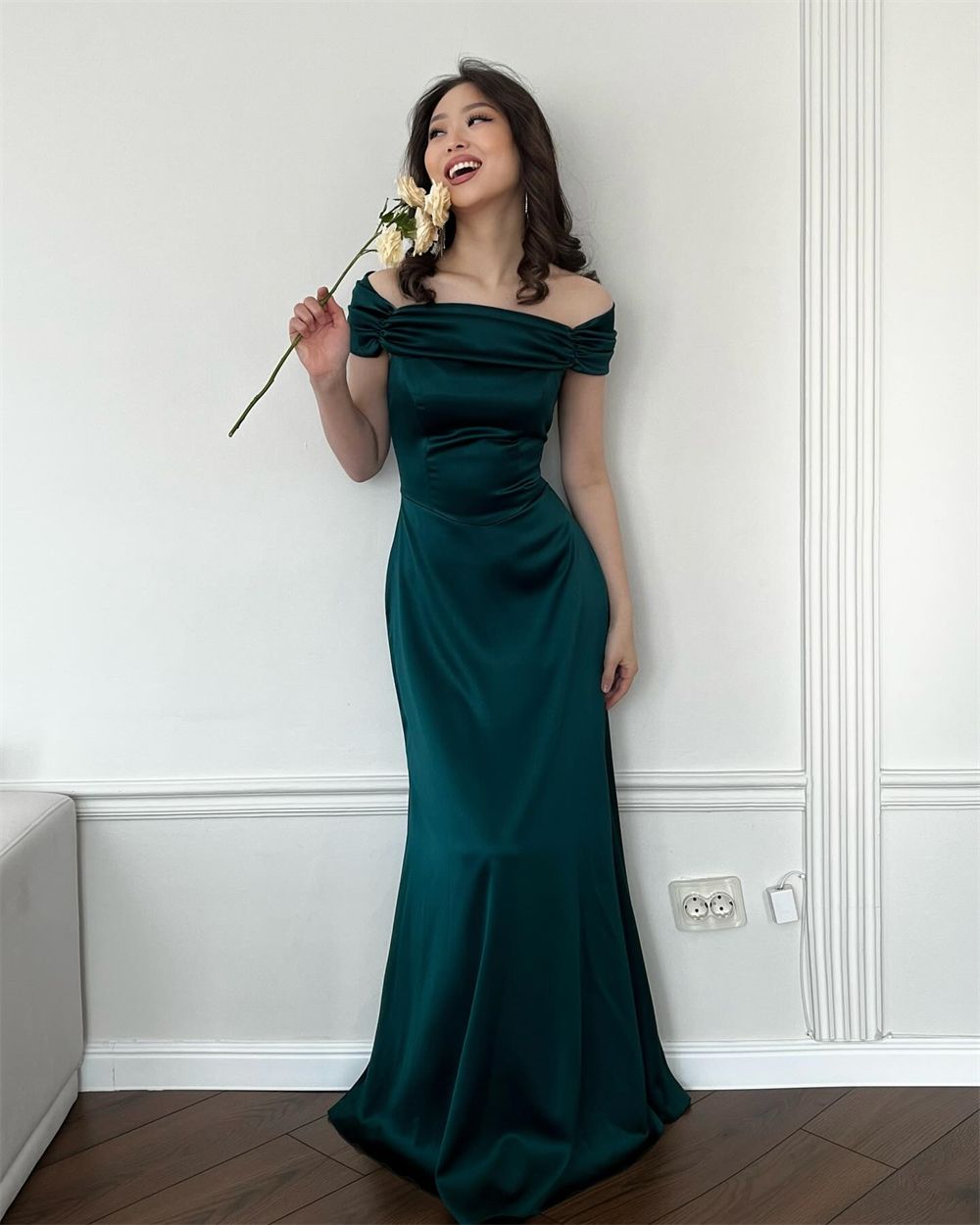Pretty Brown Mermaid Off the Shoulder Satin Prom Dress Evening Dress Date Dress SH3981
