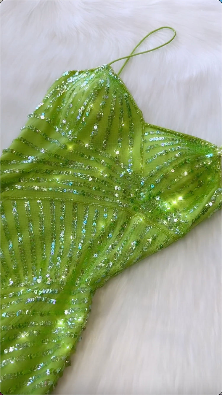 Stunning A Line Spaghetti Strap Sequin Green Tulle Long Prom Dress Evening Dress SH2272