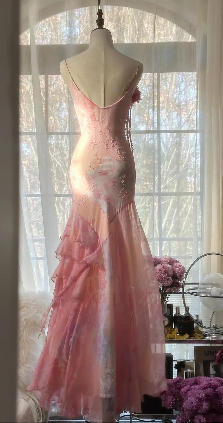 Fairytale Pink Mermaid Spaghetti Strap Beaded Ruffle Chiffon Prom Dress SH2664
