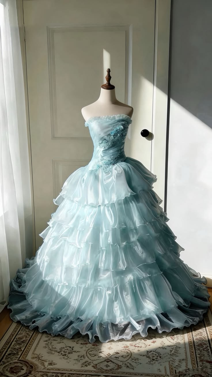 Baby Blue Ball Gown Strapless Beaded Layered Organza Prom Dress Evening Dress SH6915