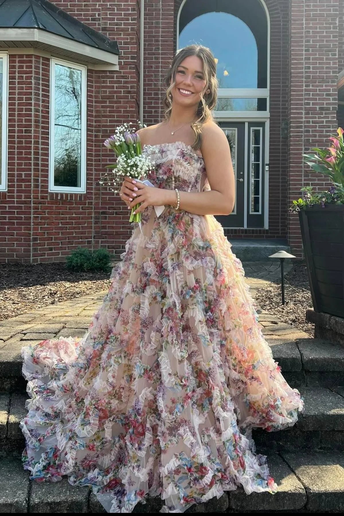 Pretty A Line Strapless Print Floral Ruffle Tulle Prom Dress Evening Dress SH6206