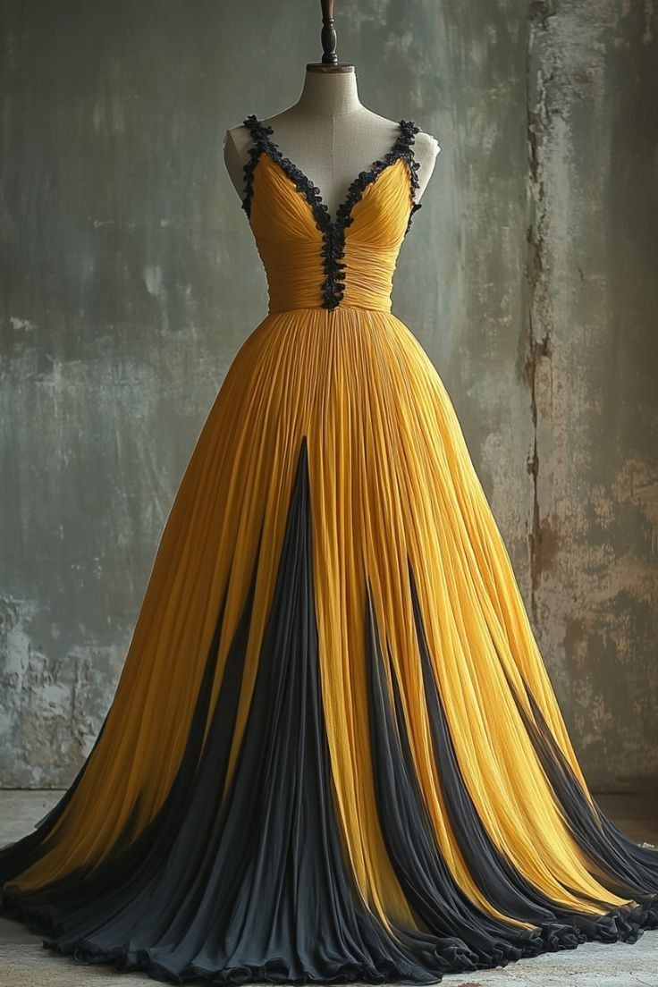 A Line Spaghetti Strap Yellow Black Chiffon Long Prom Dress Evening Dress SH2541