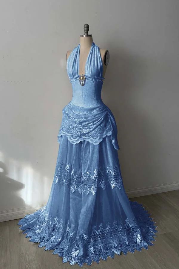 Vintage Unique A Line Halter Exquisite Blue Lace Satin Long Prom Dress Evening Dress SH6715