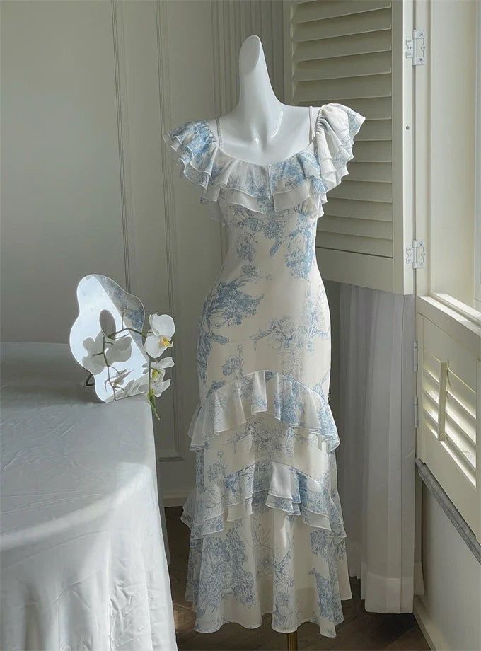 Gentle Mermaid Strap Print Flower Blue Chiffon Party Dress Evening Dress SH2869