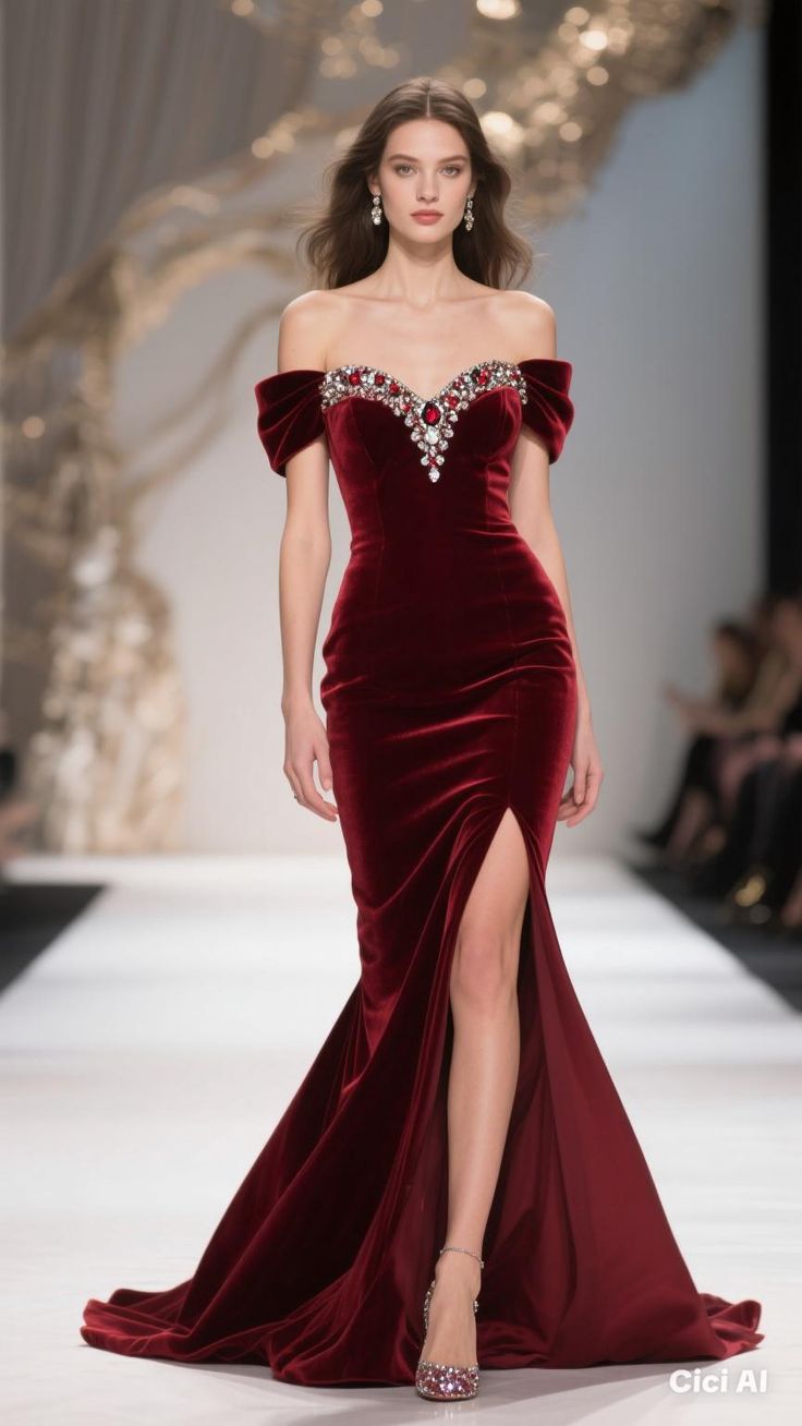 Classic Burgundy Mermaid Off the Shoulder Beaded Velvet Prom Dress Party Dress with Slit SH4103