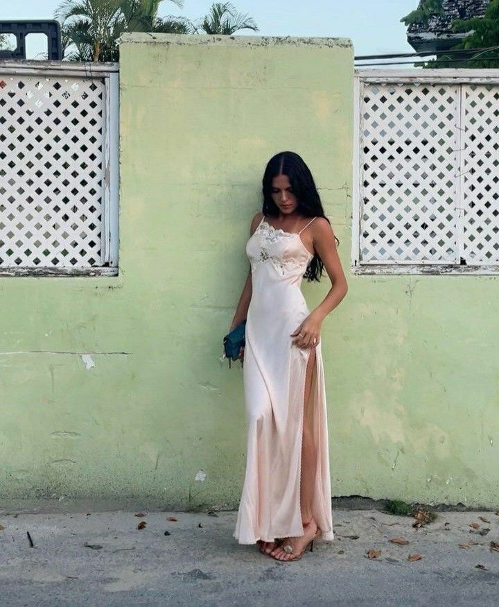 Simple A Line Spaghetti Strap Lace Satin Party Dress Wedding Guest Dress with Slit SH3901