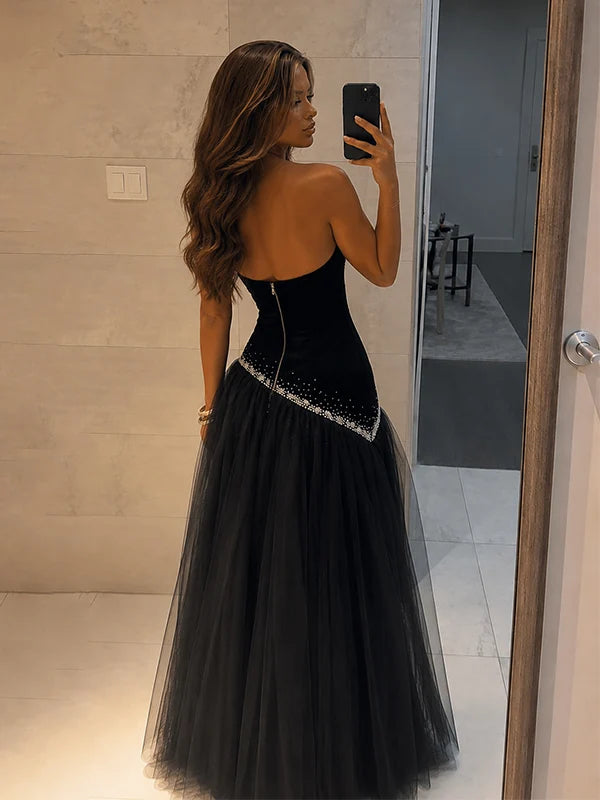 Shiny Beaded A Line Strapless Black Tulle Satin Long Prom Dress Evening Dress SH8275